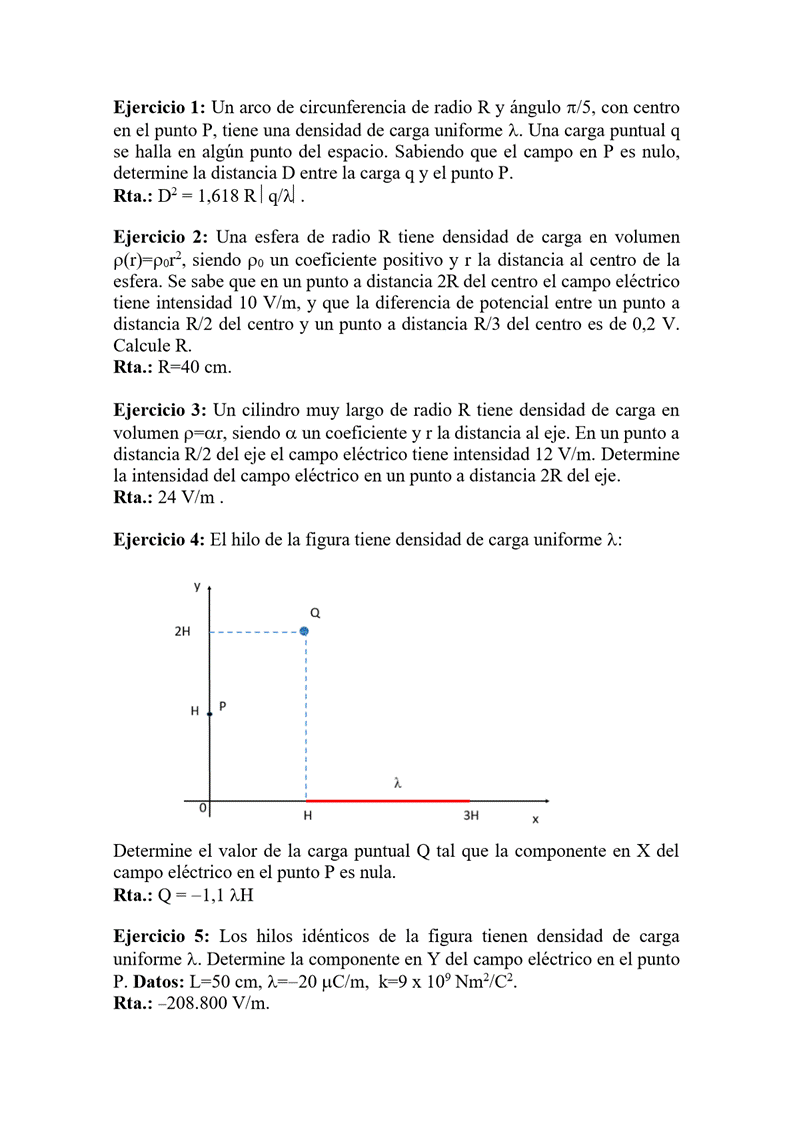 Ejercicio 1: Un arco de circunferencia de radio R y ángulo 11/5, con centro
en el punto P, tiene una densidad de carga uniforme Z. Una carga puntual q
se halla en algún punto del espacio. Sabiendo que el campo en P es nulo,
determine la distancia D entre la carga q y el punto P.
Rta.: 1,618 RI q/il
Ejercicio 2: Una esfera de radio R tiene densidad de carga en volumen
siendo po un coeficiente positivo y r la distancia al centro de la
esfera. Se sabe que en un punto a distancia 2R del centro el campo eléctrico
tiene intensidad IO V/m, y que la diferencia de potencial entre un punto a
distancia R/2 del centro y un punto a distancia R/3 del centro es de 0,2 V.
Calcule R.
Rta.: R-40 cm.
Ejercicio 3: Un cilindro muy largo de radio R tiene densidad de carga en
volumen p=ar, siendo CL un coeficiente y r la distancia al eje. En un punto a
distancia R/2 del eje el campo eléctrico tiene intensidad 12 V/m. Determine
la intensidad del campo eléctrico en un punto a distancia 2R del eje.
Rta.: 24 V/m .
Ejercicio 4: El hilo de la figura tiene densidad de carga uniforme n:
2H
p
3H
Determine el valor de la carga puntual Q tal que la componente en X del
campo eléctrico en el punto P es nula.
Rta.: Q = -1,1 RH
Ejercicio 5: Los hilos idénticos de la figura tienen densidad de carga
uniforme Z. Determine la componente en Y del campo eléctrico en el punto
P. Datos: L=50 cm, 1=—20 BC/m, k=9 x 109 Nm2/C2.
Rta.: -208.800 V/m.