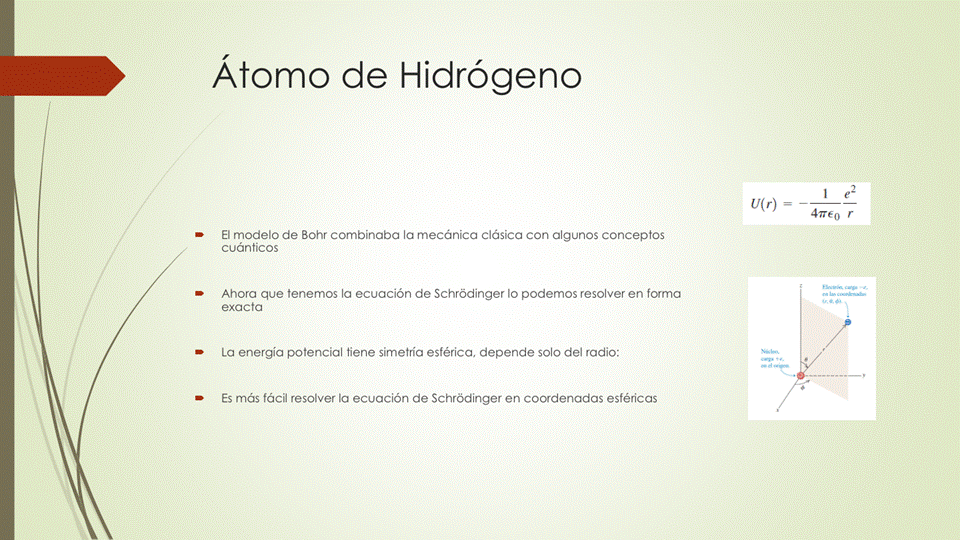 Átomo de Hidrógeno
El modelo de Bohr combinaba la mecánica clásica con algunos conceptos
cuánticos
Ahora que tenemos la ecuación de Schrôdinger IO podemos resolver en forma
exacta
La energía potencial tiene simetría esférica, depende solo del radio:
Es más fácil resolver la ecuación de SchrOdinger en coordenadas esféricas
4760 r