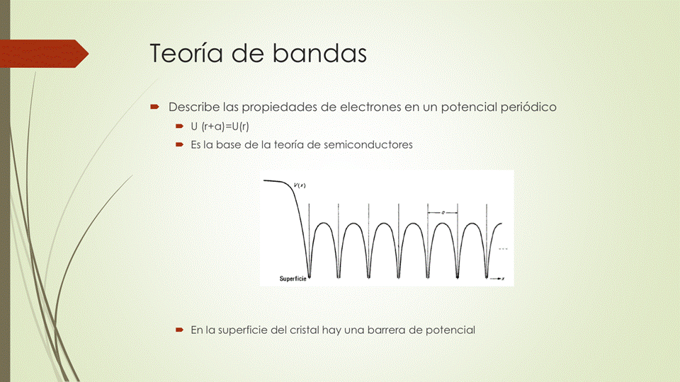 Teoría de bandas
Describe las propiedades de electrones en un potencial periódico
• Es la base de la teoría de semiconductores
• En la superficie del cristal hay una barrera de potencial