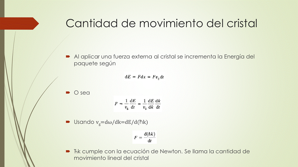 Cantidad de movimiento del cristal
• Al aplicar una fuerza externa al cristal se incrementa la Energía del
paquete según
dE = Fdx = FU:dr
O sea
• Usando v
d(hk)
• hk cumple con la ecuación de Newton. Se llama la cantidad de
movimiento lineal del cristal