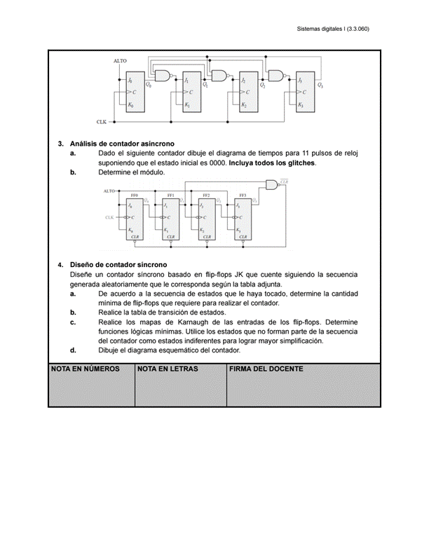 Sistemas digitales I
Q3
3.
4.
Análisis de contador asincrono
a.
b.
Dado el siguiente contador dibuje el diagrama de tiempos para 11 pulsos de reloj
suponiendo que el estado inicial es 0000. Incluya todos los glitches
Determine el módulo.
Diseño de contador sincrono
Diseñe un contador síncrono basado en fiip-fiops JK que cuente siguiendo la secuencia
generada aleatoriamente que le corresponda según la tabla adjunta.
a.
b.
C.
d.
De acuerdo a la secuencia de estados que le haya tocado, determine la cantidad
mínima de flip-flops que requiere para realizar el contador.
Realice la tabla de transición de estados.
Realice los mapas de Karnaugh de las entradas de los flip-flops. Determine
funciones lógicas minimas. Utilice los estados que no forman parte de la secuencia
del contador como estados indiferentes para lograr mayor simplificación.
Dibuje el diagrama esquemático del contador.
NOTA EN NÚMEROS
NOTA EN LETRAS
FIRMA DEL DOCENTE