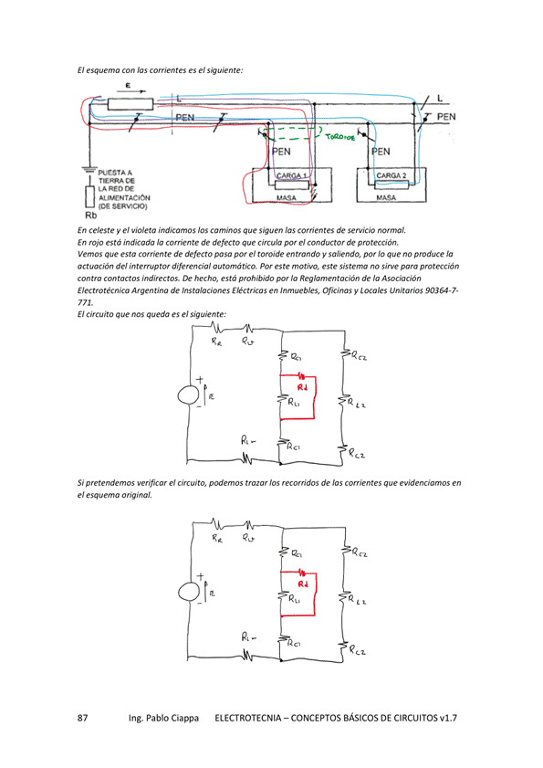 El esq. el te:
En celeste y e' violeta los caminos que siguen las comentes de servicio normal.
En de def«to e' de
que esta cotriente de defecto pasa e' toroide entrando V pot que no produce
de' Ote m otiw. 5i5tem
indirectos. prohibido de
Electrotécnica Argentima de Eléctricas en Ofkinas V 'oca les 90364.7.
El circuito que nos queda es el
Si e' en
Ing. Pablo Ciappa
ELECTROTECNIA - CONCEPTOS BÁSICOS DE CIRCUITOS VI. 7