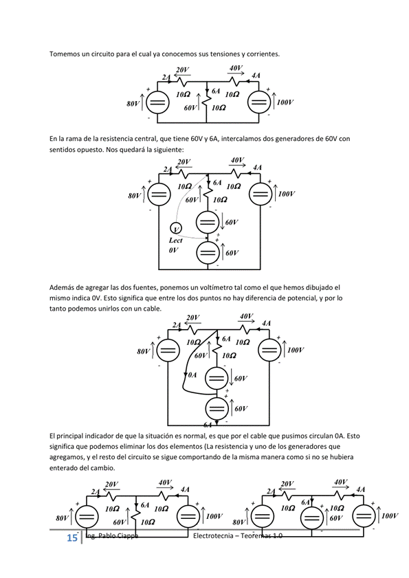 Tomemos un circuito para el cual ya conocemos Sus tensiones y corrientes.
60vl Ion
100 v
En la rama de la resistencia central, que tiene y SA, intercalamos dos generadores de 60V con
sentidos opuesto. Nos quedará la siguiente:
60vl
100 v
Además de agregar las dos fuentes, ponemos un voltímetro tal como el que hemos dibujado el
mismo indica OV_ Esto significa que entre los dos puntos no hay diferencia y IO
tanto podemos unirlos con un cable.
1001'
601'
100
El principal indicador de que la situación es normal, es que por el cable que pusimos circulan OA. Esto
Significa podernos eliminar los dos elementos (La y de los generadMes que
agregamos, Y el resto del circuito Se Sigue comportando de la mSma manera como si no Se hubiera
enterado del cambio.
44
100
601'1
Ion
1001'
Electrote cnia — T
loor