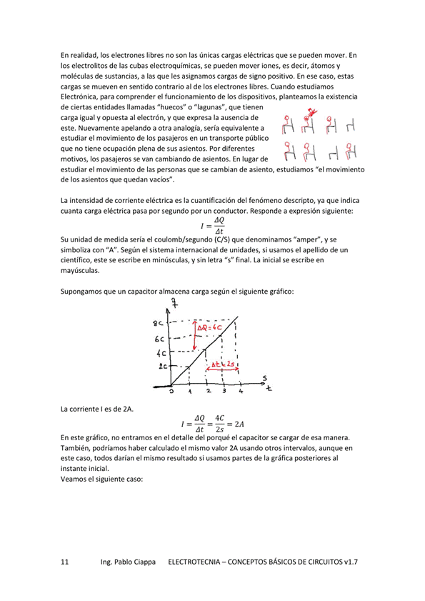 En realidad, los electrones libres no son las únicas cargas eléctricas que se pueden mover. En
los electrolitos de las cubas electroquimicas, se pueden mover iones, es decir, átomos V
moléculas de sustancias, a las que les asignamos cargas de Signo positivo. En ese Caso, estas
cargas se mueven en sentido contrario al de los electrones libres. Cuando estudiamos
Electrónica, para comprender el funcionamiento de los dispositivos, planteamos la existencia
de ciertas entidades llamadas "huecos" o que tienen
carga igual V opuesta al electrón, que expresa la ausencia de
este. Nuevamente apelando a otra analogía. sería equivalente a
estudiar el movimiento de los pasajeros en un transporte público
que no tiene ocupación plena de sus asientos. por diferentes
motivts, los pasajeros Se Van cambiando de asientos. En lugar de
estudiar el movimiento de las personas que se cambian de asiento, estudiamos "el movimiento
de los asientos que quedan vacíos".
La intensidad de corriente eléctrica es la cuantificación del fenómeno ya que indica
cuanta carga eléctrica pasa por segundo por un conductor. Responde a expresión siguiente:
Su unidad de medida sería el coulomb/segundo (CIS) que denominamos "amper", y se
simboliza "A" _ Segun el sistema intemacional de emidades, si ape"ido de un
científico, este se escribe en minúsculas, y sin letra "s" final. La inicial se escribe en
may las.
Supongamos que un capacitor almacena carga según el siguiente gráfico:
La corriente I es de 2A.
"Q 4C
En este gráfico, no entramos en el detalle del porqué el capacitor Se cargar de esa manera,
También, haber calculado el mismo valor 2A usando Otros intervalos, aunque en
este caso, todos darían el mismo resultado si usamos partes de la gráfica posteriores al
instante iniciaL
Veamos el siguiente caso:
Ing. Pablo Ciappa
ELECTROTECNIA - CONCEPTOS BÁSICOS DE CIRCUITOS VI. 7