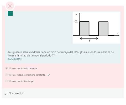 x
La siguiente señal cuadrada tiene un ciclo de trabajo del 50%. ¿Cuáles son los resultados de
llevar a la mitad de tiempo al periodo T?
(0/5 puntos)
El valor medio se incrementa.
El valor medio se mantiene constante.
El valor medio disminuye.
"Incorrecto"