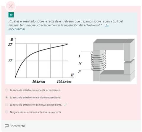 ¿Cuál es el resultado sobre la recta de entrehierro que trazamos sobre la curva B_H del
material ferromagnético al incrementar la separación del entrehierro? *
(0/5 puntos)
27
50.4e/cm
1
IOOAe•'cm
La recta de entrehierro aumenta su pendiente.
La recta de entrehierro mantiene su pendiente.
La recta entrehierro disminuye su pendiente,
Ninguna de las opciones anteriores es correcta
"lncorrecto"