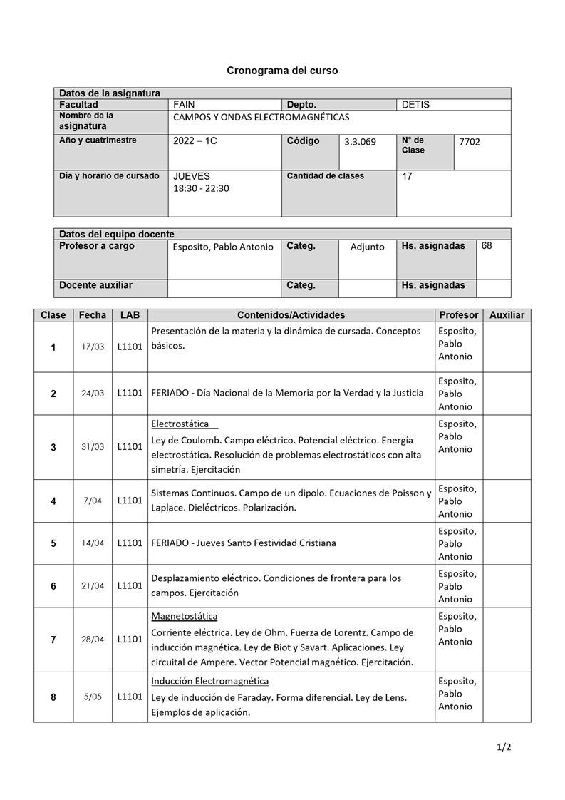 Machine generated alternative text:
Datos de la asignatura
Facultad
Nombre de la
asignatura
Aho y cuatrimestre
Dia y horario de cursado
Cronograma del curso
FAIN
Depto.
CAMPOS Y ONDAS ELECTROMAGNÉTICAS
2022 IC
JOE-VES
18:30 - 22:30
Cödigo
3.3.069
DETIS
NO de
Clase
17
7702
Cantidad de clases
Datos del e ui o docente
Profesor a cargo
Docente auxiliar
Esposito, Pablo Antonio
Categ.
Categ.
Adjunto
Hs. asignadas
Hs. asignadas
Clase Fecha
2
3
4
5
6
7
8
17/03
24/03
31/03
7/04
21/04
28/04
5/05
LAB
L 1101
Li101
Li101
Li101
Li101
LIIOI
LIIOI
LIIOI
Contenidos/Actividades
Presentaci6n de la materia y la dinåmica de cursada. Conceptos
båsicos.
FERIADO - Dia Nacional de la Memoria por la Verdad y la Justicia
Electroståtica
Ley de Coulomb. Campo eléctrico. Potencial eléctrico. Energia
electroståtica. Resoluci6n de problemas electroståticos con alta
simetria. Ejercitaci6n
Sistemas Continuos. Campo de un dipolo. Ecuaciones de Poisson y
Laplace. Dieléctricos. Polarizaci6n.
FERIADO - Jueves Santo Festividad Cristiana
Desplazamiento eléctrico. Condiciones de frontera para los
campos. Ejercitaci6n
Magnetoståtica
Corriente eléctrica. Ley de Ohm. Fuerza de Lorentz. Campo de
inducci6n magnética. Ley de Biot y Savart. Aplicaciones. Ley
circuital de Ampere. Vector Potencial magnético. Ejercitaci6n.
Inducci6n Electromagnética
Ley de inducci6n de Faraday. Forma diferencial. Ley de Lens.
Ejemplos de aplicaci6n.
Profesor
Esposito,
Pablo
Antonio
Esposito,
Pablo
Antonio
Esposito,
Pablo
Antonio
Esposito,
Pablo
Antonio
Esposito,
Pablo
Antonio
Esposito,
Pablo
Antonio
Esposito,
Pablo
Antonio
Esposito,
Pablo
Antonio
68
Auxiliar
1/2