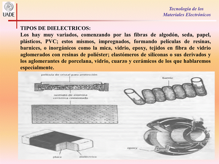 IJADE
TIPOS DE DIELECTRICOS:
Tecnología de los
Materiales Electrónicos
Los hay muy variados, comenzando por las fibras de algodón, seda, papel,
plásticos, PVC; estos mismos, impregnados, formando películas de resinas,
barnices, 0 inorgánicos como la mica, vidrio, epoxy, tejidos en fibra de vidrio
aglomerados Con resinas de poliéster; elastómeros de siliconas 0 Sus derivados y
los aglomerantes de porcelana, vidrio, cuarzo y cerámicos de los que hablaremos
especialmente.