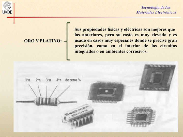 IJADE
ORO Y PLATINO:
Tecnología de los
Materiales Electrónicos
Sus propiedades fisicas y eléctricas son mejores que
los anteriores, pero su costo es muy elevado y es
usado en casos muy especiales donde se precise gran
precisión, como en el interior de los circuitos
integrados 0 en ambientes corrosivos.
len
45n de ceros %