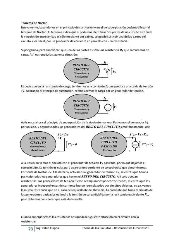 Teorema de Morton
Nuevamente, basándonos en el principio de sustitución y en el de podemos llegar al
teorema de Norton_ El teorema indica que si podemos identificar dos partes de un circuito en donde
la vinculación entre ambas es sólo mediante dos cables, se puede sustituir una de las partes del
Circuito Si es lineal, por un generador de Corriente en paralelo Con una resistencia.
Supongamos, para simplificar. que una de las partes es sólo una resistencia R, que llamaremos de
carga. Así, nos queda la siguiente Situación:
RESTO DEL
CIRCUITO
Es decir que en la resistencia de carga, tendremos una corriente que produce una caida de tensión
h. Aplicando el principio de sustitución, reemplacernos la carga por un generador de tensión.
RESTO DEL
cacuro
Aplicarnos ahora el principio de superposición de la siguiente manera: Pasivamos el generador Vt
por un lado, y después generadores del RESTO DEL CIRCUITO simultáneamente. Así:
A la izquierda vemos el circuito con el generador de tensión h pasivado, por Io que dejamos el
cortocircuito. ta tensión es nula, pero aparece una corriente de cortocircuito que denominamos
Corriente de Norton A la derecha, activamos al generador de tensión Ve. que hemos
pasivado todos los que hay en el RESTO DEL CIRCUITO Alli solo quedan
resistencias, Los generadores de tensión fueron reemplazados por cortocircuitos, mientras que los
generadores independientes de corriente fueron reemplazados por circuitos abiertos, o Sea, Vernos
la mima resistencia el caso del equivalente de La Comiente el Circuito de
los generadores pasivados es igual a la tensión de carga dividida la resistencia equivalente R«,
pero debemos considerar que está dada vuelta,
Cuando superponemos los resultados "os queda la Siguiente Situación en el Circuito Con la
resistenc a:
73 Ing. Pa Cía ppa
Teoría de los Circuitos — Resolución de Circuitos 2.6