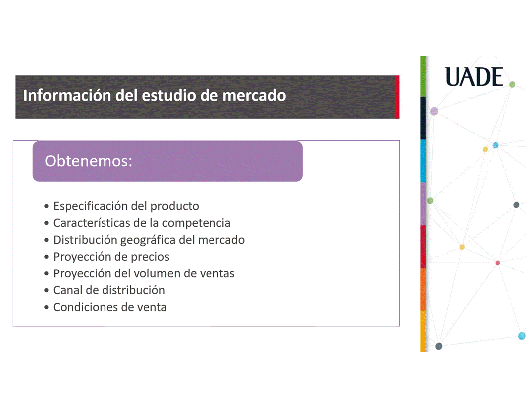 Machine generated alternative text:
UADE
Informaci6n del estudio de mercado
Obtenemos:
• Especificaci6n del producto
• Caracteristicas de la competencia
• Distribuci6n geogråfica del mercado
• Proyecci6n de precios
• Proyecci6n del volumen de ventas
• Canal de distribuciön
• Condiciones de venta