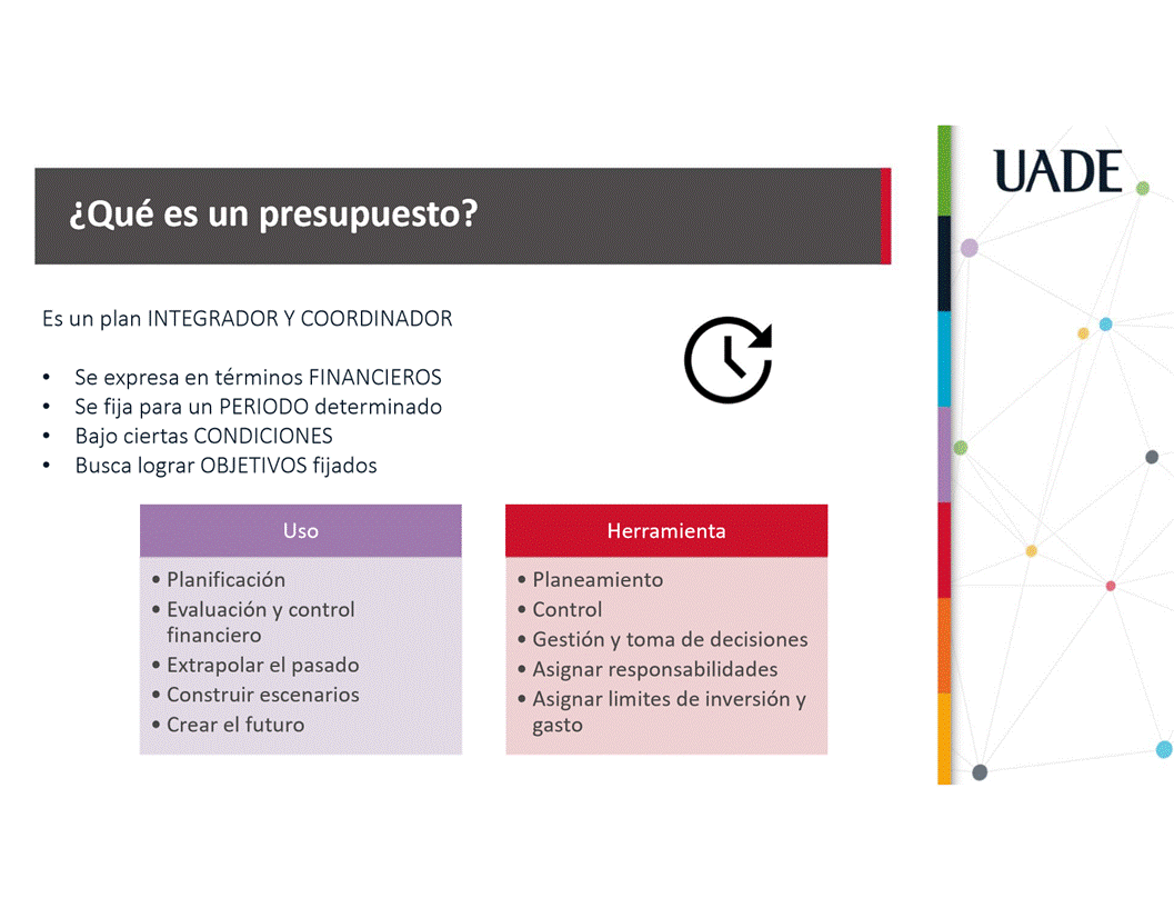 Machine generated alternative text:
UADE
Qué es un presupuesto?
Es un plan INTEGRADOR Y COORDINADOR
Se expresa en términos FINANCIEROS
Se fija para un PERIODO determinado
Bajo ciertas CONDICIONES
Busca lograr OBJETIVOS fijados
USO
• Planificaci6n
• Evaluaci6n y control
financiero
• Extrapolar el pasado
• Construir escenarios
• Crear el futuro
Herramienta
• Planeamiento
Control
• Gesti6n y toma de decisiones
• Asignar responsabilidades
• Asignar limites de inversi6n y
gasto