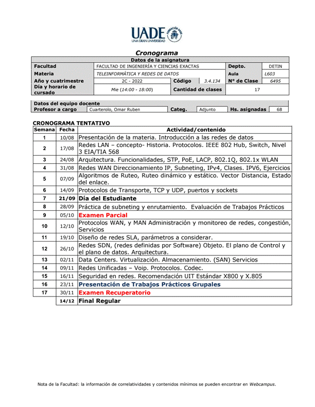 UADEtô
Crono rama
Datos de la asi natura
FACULTAD DE INGENIERIA Y CIENCIAS EXACTAS
TELEINFORMATICA Y REDES DE DATOS
Facultad
Materia
Año y cuatrimestre
Día y horario de
cursado
Depto.
Aula
NO de Clase
DETIN
L603
6495
2C - 2022
Mie (14:00 - 18:00)
Datos del equipo docente
Profesor a Ca 0
Cuarterolo, Omar Ruben
CRONOGRAMA TENTATIVO
Semana Fecha
Código | 3.4.134
Cantidad de clases
Ad unto
Actividad / contenido
Hs. asi nadas
68
2
3
4
5
6
7
8
9
10
11
12
13
14
15
16
17
10/08
17/08
24/08
31/08
07/09
14/09
21/09
28/09
05/10
12/10
19/10
26/10
02/11
09/11
16/11
23/11
30/11
14/12
Presentación de la materia. Introducción a las redes de datos
Redes LAN - concepto- Historia. Protocolos. IEEE 802 Hub, Switch, Nivel
3 EIA/TIA 568
Arquitectura. Funcionalidades, STP, POE, LACP, 802.1Q, 802.1x WLAN
Redes WAN Direccionamiento IP, Subneting, IPv4, Clases. IPV6, Ejercicios
Algoritmos de Ruteo, Ruteo dinámico y estático. Vector Distancia, Estado
del enlace.
Protocolos de Transporte, TCP y UDP, puertos y sockets
Día del Estudiante
Práctica de subnetin
enrutamiento. Evaluación de Traba 'os Prácticos
Examen Parcial
Protocolos WAN, y MAN Administración y monitoreo de redes, congestión,
Servicios
Diseño de redes SLA, parámetros a considerar.
Redes SDN, (redes definidas por Software) Objeto. El plano de Control y
el lano de datos. A uitectura.
Data Centers. Virtualización. Almacenamiento. (SAN) Servicios
Redes Unificadas — Voip. Protocolos. Codec.
Seguridad en redes. Recomendación UIT Estándar y
Presentación de Trabajos Prácticos Grupales
Examen Recuperatorio
Final Regular
Nota de la Facultad: la información de correlatividades y contenidos mínimos se pueden encontrar en Webcampus.
